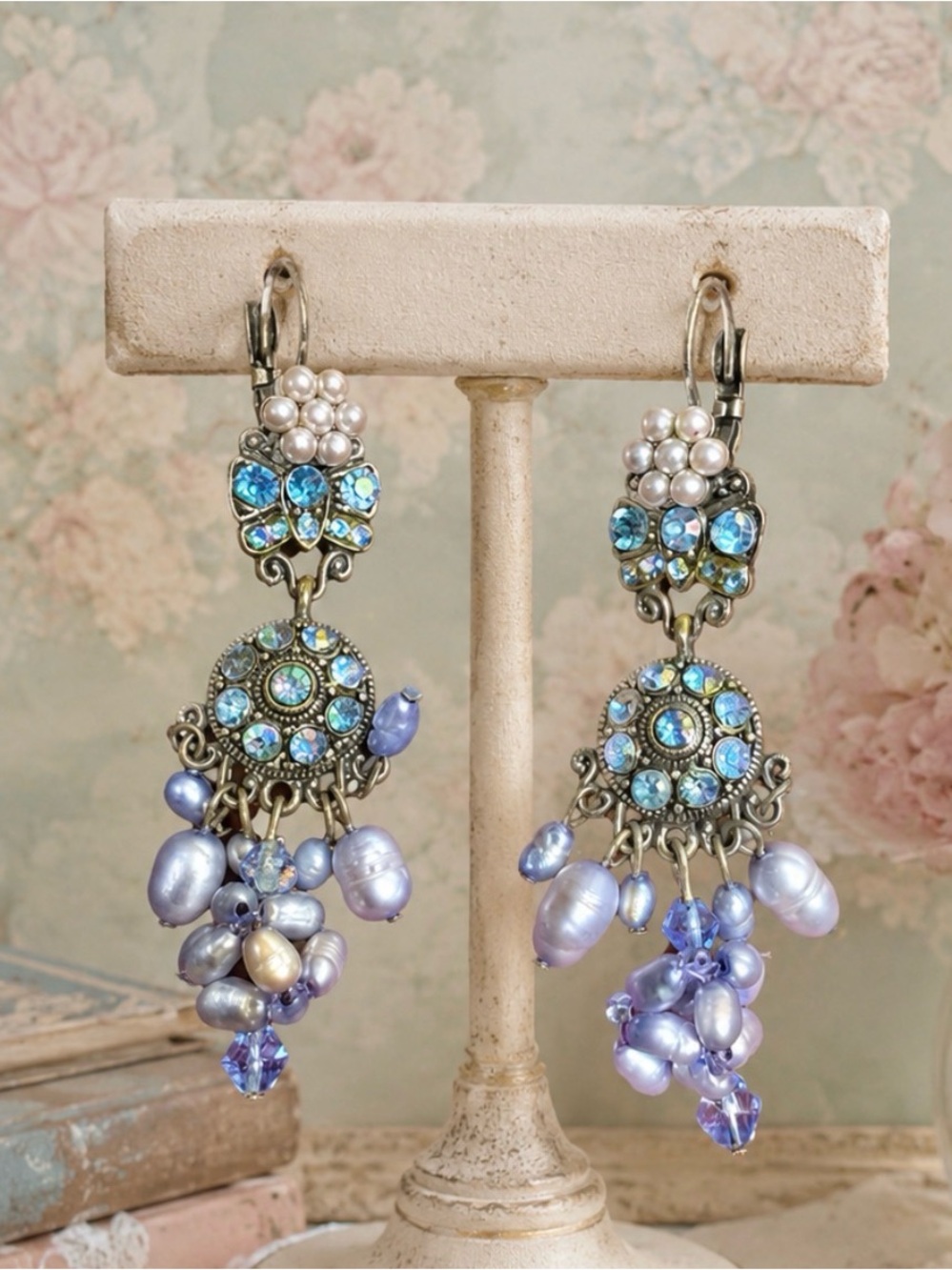Earrings Vintage Aurora Borealis Rhinestones Glass Beads Pearls Freshwater Gold